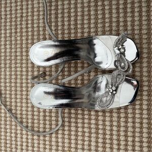 Zara Silver Strappy Heels with Embellished Bow